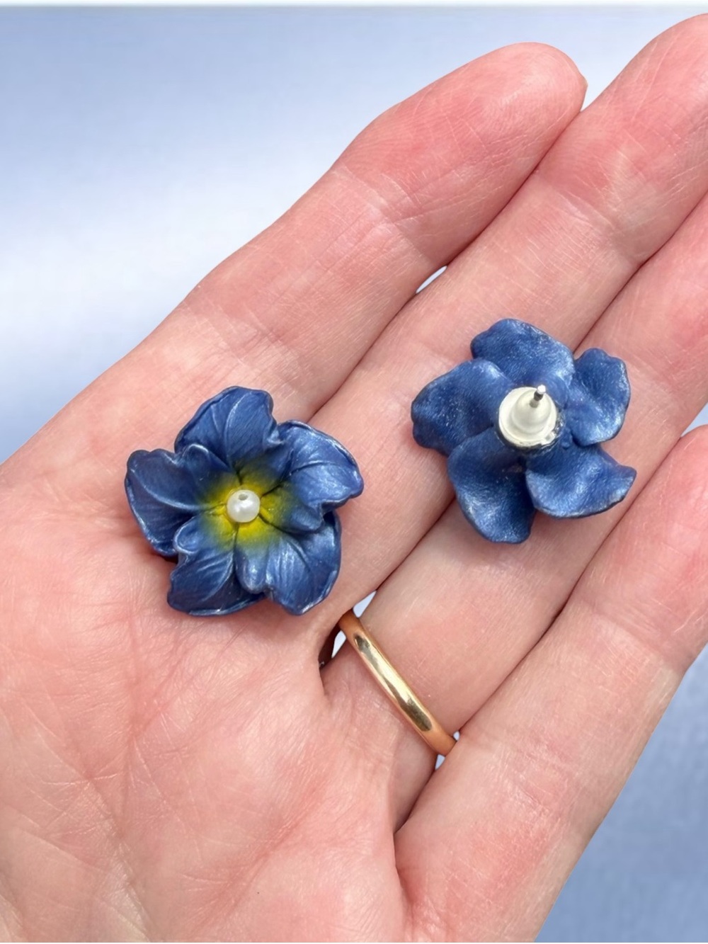 Navy Floral Stud Earrings - Picture 2 of 5